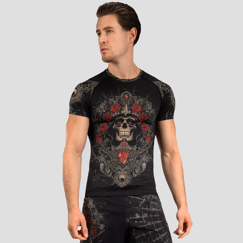 Santa Muerte 5.0 Kurzarm-Rashguard Tiefschwarz Gold 